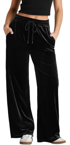 Herseas Women's Black Casual Lounge Pant Drawstring Waist Loose Straight Wide Leg Palazzo Pants Velvet Pants Large