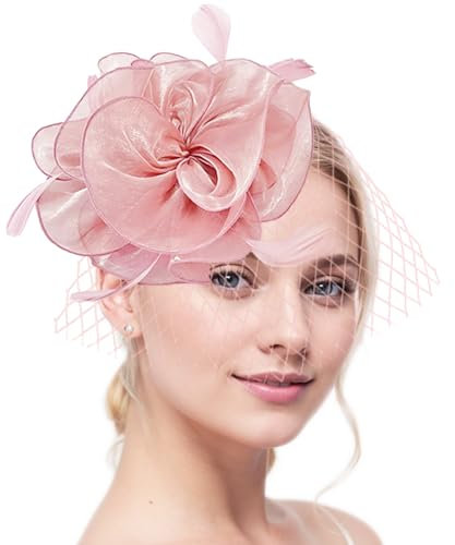 db11 Women's Fascinator Hat & Feather Hair Clip for Tea Party and Weddings, Flower Feather Headband & Veil (UK, Numeric, 1, Pink)