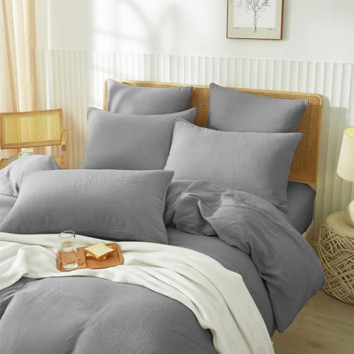 YASMENG Doppelte Muslin Bettwäsche 200x220 Grau Anthrazit Bettwäsche Muslin 100% Baumwolle Bettwäsche Weich Atmungsaktiv Kuschelige Bettwäsche 3 Teilig mit Reißverschluss und 2 Kissenbezüge 80x80