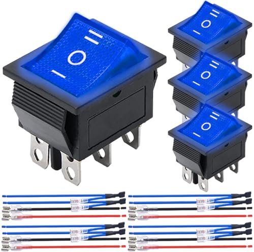 MKBKLLJY 4St. Wippschalter 6-polig 3 Positionen ON/Off/ON DC 12V AC 10A/125V 6A/250V DPDT Blaues LED-Licht beleuchtetes Boot KCD4 Wippschalter KCD2-203N mit Überbrückungsklemme Drähte für Auto Boot