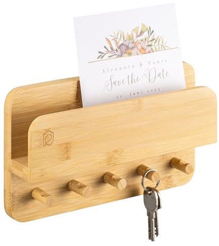 eluno Schlüsselbrett mit Ablage und 5 Schlüsselhaken, Schlüsselaufbewahrung, Key Holder, Schlüsselhalter modern aus Bambus zum Kleben oder Bohren