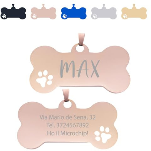 FRAMEG - Targhetta Personalizzata per Cane e Gatto di taglia piccola e cuccioli a Forma di Osso con Zampe - Medaglietta Collare Incisione Targhette con Testo (Oro Rosa)