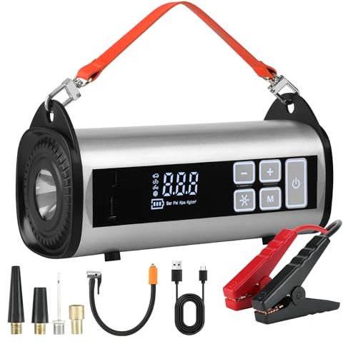 Kairiyard Power Bank di avviamento per auto, con compressore d'aria, 150 PSI 1000 A, alimentazione di picco per tutte le benzina e motore diesel da 10 l, avviamento con luci di emergenza rosse e blu.