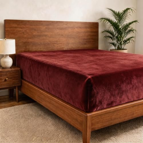 Cathay Home Twin Plush Fur Fitted Sheet - Ultra Soft & Thick Plush Fur - All Season Cozy Warmth - 12 Deep Pocket Fitted Sheet Only (Twin, Burgundy)