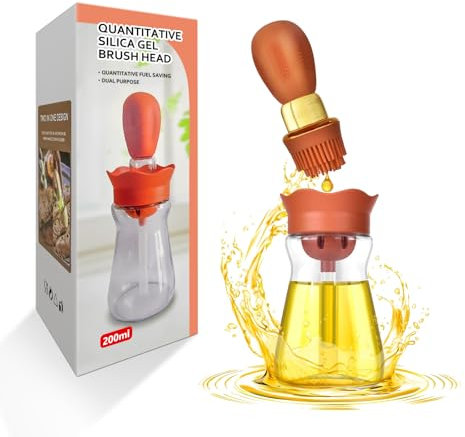 BENTFINE Flacon Distributeur d'huile avec brosse en Silicone, 2 en 1 200 ml Distributeur Bouteille d'huile d'olive Pinceau en Silicone pour Cuisine, Friture, Sauce, Barbecue, Crêpes, Marinade (Orange)