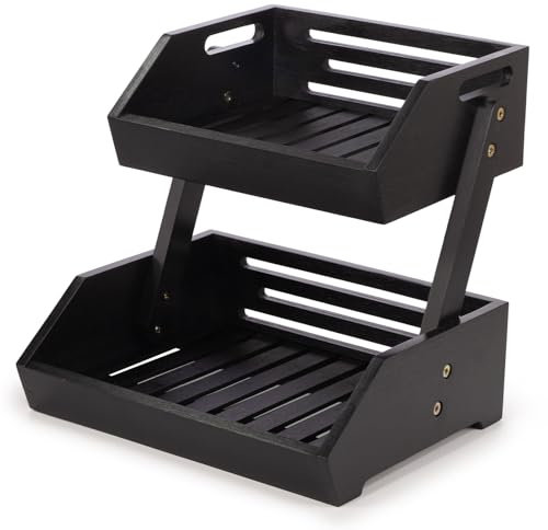 woodluv Storage Basket 2 Tier, Fruit Vegetable Rack, Display Rack, Organiser for Home, Kitchen or Office, Spice Jar Holder, Storage Rack, Fruit Stand for Kitchen, Bathroom Storage, Black