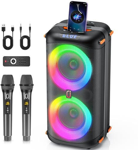 Karaoke Machine with 2 Wireless Microphones, Portable Bluetooth Karaoke Speaker for Adults, Big Party PA System with Dicso Lights & Dual 6.5 Stage Subwoofers for Home Outdoor (300W)