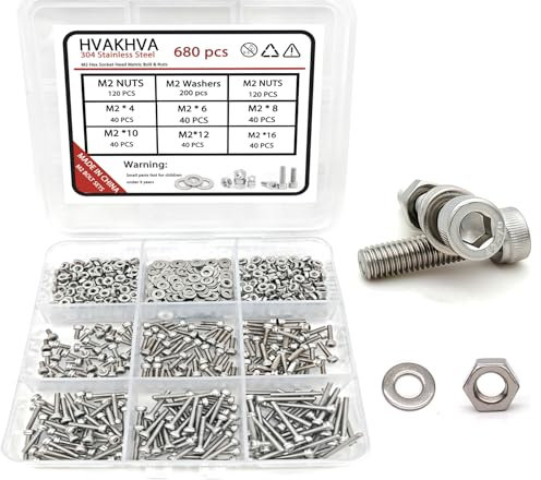 680 Stück M2 Schraubensortiment Set mit Muttern und Unterlegscheiben - 304 Edelstahl Innensechskantschrauben in M2*4/6/8/10/12/16 mm - Metrisches Maschinenschrauben-Set für Präzisionsmontage