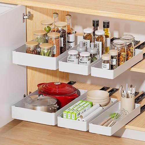 3er/Pack Teleskopschublade - Ausziehbare Schublade Küche - Ausziehbarer Schrank Organizer - 3 Größen Mehrzweck-Organizern für Küche, Speisekammer und Bad - Weiß