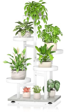 iDavosic.ly 5 Tier Plant Stand Indoor, Tiered Corner Tall Outdoor Plant Shelf for Multiple Plants, Metal Wood Flower Stand Display Rack Holder for Patio Garden Porch Window Living Room, White
