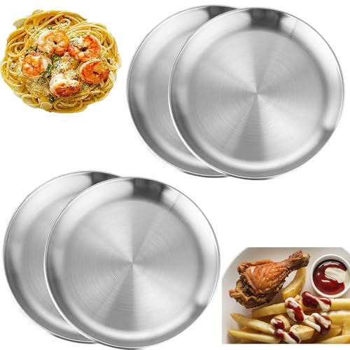 ORFCP 4 Vajilla redonda de acero inoxidable, plato de acero inoxidable para acampar, 20 cm vajilla redonda, placa de barbacoa