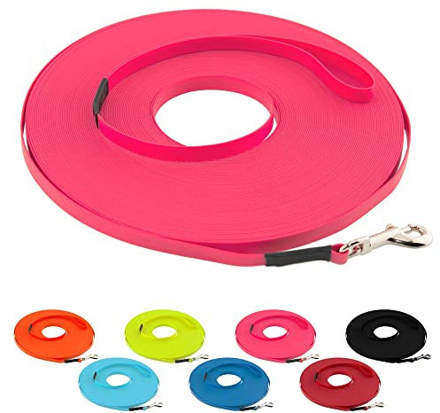 LENNIE Ultraleichte BioThane Schleppleine für Hunde bis 5kg, 50m lang, mit Handschlaufe, Neon-Pink, genäht, 9 mm