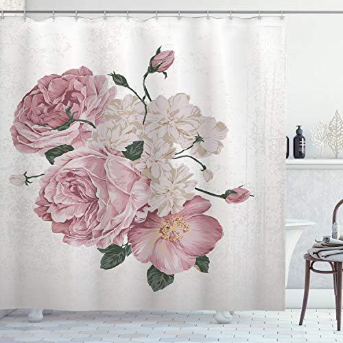 ABAKUHAUS Rose Duschvorhang, Alte Rosen Corsage Grunge, Stoffliches Gewebe Badezimmerdekorationsset mit Haken, 175 x 220 cm, Beige Rose Grün