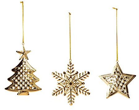 12 Metall Weihnachtsanhänger Schneeflocke Stern Tannenbaum 9-12 cm Gold Christbaumschmuck zum Aufhängen