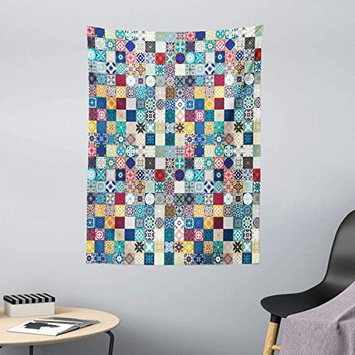 ABAKUHAUS marokkanisch Wandteppich, Aufwändige Patchwork-Motiv aus Weiches Mikrofaser Stoff Waschbar ohne Verblassen Digitaldruck, 110 x 150 cm, Türkis Beige