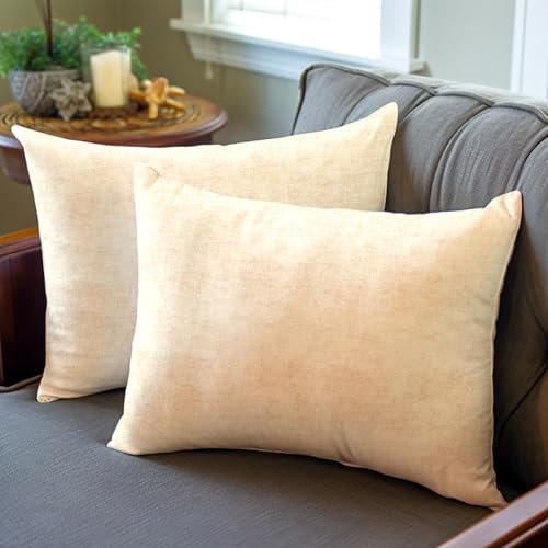 Encasa XO Chenille Kissenbezüge Set von 2 | Natural - (12x20) (30x50 cm) | Dekorative Akzent Quadratische Wurfkissenbezüge Für Couch, Heimdekoration, Sofa