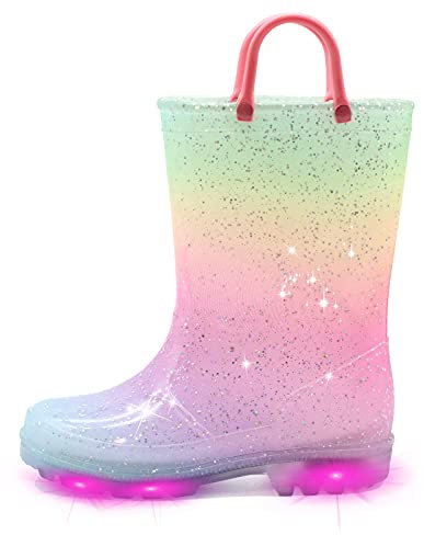 EUXTERPA Stivali di gomma per bambini e bambine lampeggianti, con glitter, impermeabili, con manico facile da indossare, taglia 36-44, Colorato chiaro, 28 EU