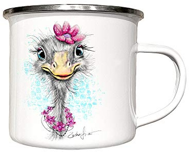 zAcheR-fineT-design Emaille Tasse Camping Becher Emailletasse für Kinder - weiß mit STRAUSS LUCY Prinzessin Straußenvogel - Kaffeetasse Geschenk Lustiger Vogel - für Mädchen Jungs - Mann und Frau