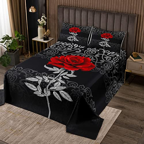 Rote Blumen Tagesdecke Mädchen Teens,Romantische Blumenpflanzen Tagesdecke 3 Stück mit 2 Kissenbezügen,Grau Exotischer Spitzendruck Mikrofaser Bettwäsche gesteppt 220x240cm für Mädchen Teens