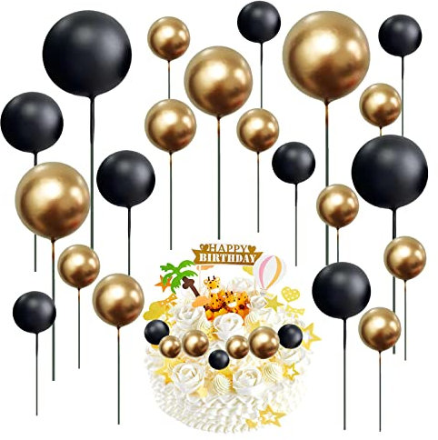 86pcs Mini Balloon Cake Topper, Cupcake Toppers Foam Ball, Round Pearl DIY Cake Picks Insert Topper for Anniversary Graduation Birthday Party Baby Shower (Gold, Black)