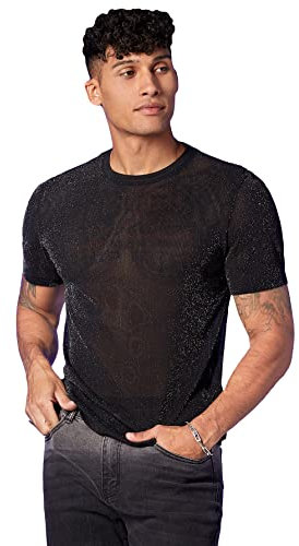 GORGLITTER Men's Glitter Sheer Mesh Tops See Through Short Sleeve Summer T Shirt Streetwear Black L