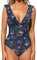 CUPSHE Damen Badeanzug Rüschen V Ausschnitt Bauchweg Raffungen Blumenmuster Einteilige Bademode Swimsuit Denim Blue Floral M