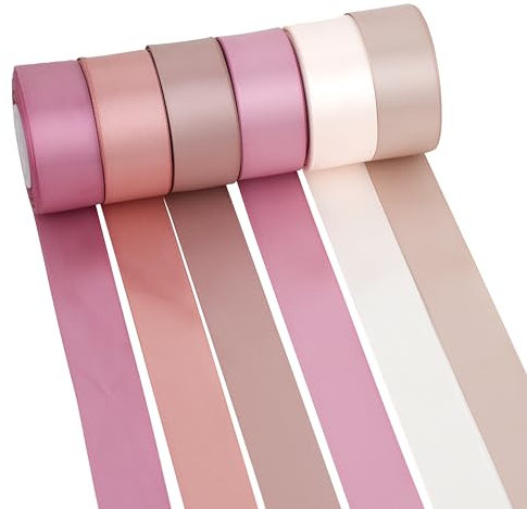 MAYREEL Satinband mit Rosenmotiv, 2,5 cm, für Geschenkverpackungen, Hochzeit, Brautparty, Valentinstag, Muttertag, Basteln, 6 Rollen, 9,1 m pro Farbe, insgesamt 60 Meter