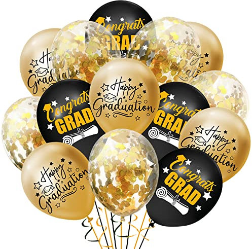 Dusenly 18 Stück Happy Graduation Ballons Schwarz Gold Congrats Grad Klasse 2023 Luftballons für 2023 Abschlussfeier Party Dekoration
