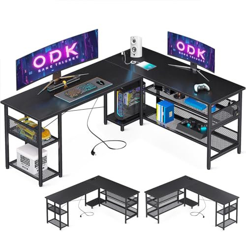 ODK Gaming Tisch, 168×120cm Reversibel Gaming Schreibtisch mit 2 Steckdosen und 2 USB Ladeanschluss, Eckschreibtisch mit Maximale Organisation & Stauraum, Schwarz