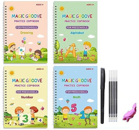 JNTMIKUN Magisches Heft 4 Stück Magisches Übungshefte mit Stift, Wiederverwendbares Handschrift Nachziehen für Kinder Kalligraphie Zahlen Zeichnung Buchstaben