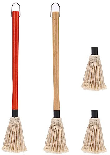 2 Pack 18 inch Grill Basting Mop with Wooden Long Handle and 2 Extra Replacement Brushes for BBQ Grilling Smoking Steak (Nature Wood & Brown)