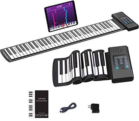 KONIX 61 Key Roll Up Piano,Upgraded Portable Rechargeable Hand Roll Piano with Silicon Flexible Keyboard, MIDI Output, Headphone Connection, 128 Rhythms,Best Gift for Kids and Beginners