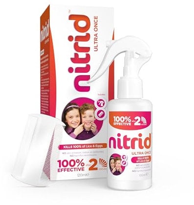 Nitrid Ultra Once All-in-One Head Lice Treatment Spray & Comb - 100% Effective on Lice & Eggs in 2mins, Includes Spray 120ml & Nit Comb - 2023 New Formulation