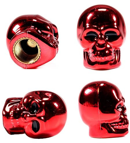 Ventilkappen im Totenkopf-Stil, rostfreier Kupferkern, universelle Schaftabdeckungen für Autos, SUVs, Fahrrad und Fahrrad, LKW, Motorräder, Rot, 4 Stück
