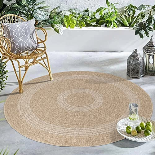 Carpetsale24 Runder In & Outdoor Teppich Wetterfest Sisal Optik Beige 80 cm Rund - Waschbarer Küchenteppich Wasserfest Flachgewebe Natur Optik Vintage Design Teppiche für Balkon Terrasse Wohnzimmer