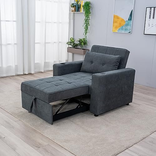 Panana Sleeper Chair 3-in-1 Convertible Chair Bed Pull Out Sleeper Chair Beds Adjustable Single Armchair Sofa Bed with USB Ports, Side Pocket, Cup Holder for Small Space (Gray Linen Single Sofabed)