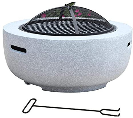Feuerkorb, Gartenfeuerstelle mit BBQ-Grillregal und Netzabdeckung, runder Tischsockel aus Magnesiumoxid-Kunststein