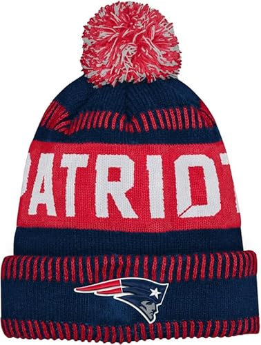 NFL Mütze für Kinder, Jugendliche 8–20, Einheitsgröße, Team-Farbe, Primär-Logo, offizielles Sport-Tech-Strick, kaltes Wetter, Fußball-Bommelmütze, New England Patriots, Einheitsgröße