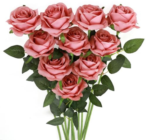 JUSTOYOU, 10 rose artificiali in seta a stelo singolo, fiori finti per casa, feste, bouquet di nozze (rosa paté di fagioli)