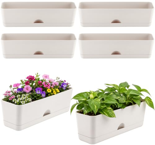 KvyusFlourish Lot de 6 Pots de Fleurs rectangulaires de 40,6 x 11,1 cm pour intérieur avec Trous de Drainage et soucoupes - Pots de Fleurs pour Plantes succulentes et Herbes aromatiques - Gris Clair