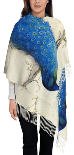 ALLiYa Blauer Pfau Nachahmung Kaschmir Lange Fleece Quaste Schal (vertikal) Warmer Schal Täglich Warm Tragen, Blauer Pfau, One size