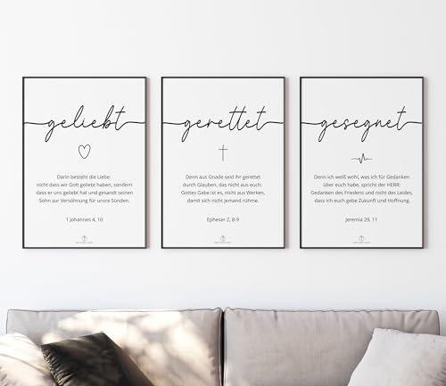 timalo SALT-AND-LIGHT® Christliche Wandbilder Bibelverse Deutsch Poster 3 Stück im 3er Set Wanddeko Wohnzimmer Deko Schlafzimmer | Geliebt, Gerettet, Gesegnet | A3