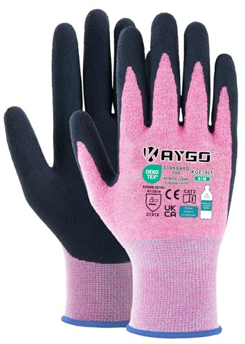 KAYGO Latex Coated Work Gloves for Women, Breathable, 12 Pairs, KGE19LF | Recycled Polyester Gardening Safety Gloves, Ideal for Light Duty Yard Work, Warehouse, DIY, Painting (Pink, Medium)
