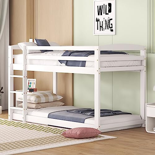 Rtopsu Letto per bambini letto a castello 90x200 cm, letto a soppalco con scaletta e protezione anticaduta per 1-2 bambini, struttura del letti con Telaio a doghe in legno, bianco, senza materasso