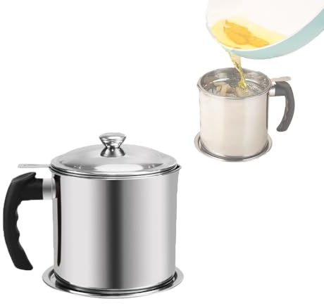 Ieron Grease Container with Strainer, 1.5L Stainless Steel Oil Container, Pot Fat Storage with Lid, Easy Grip Handle with Fine Mesh Suitable for Storing Frying Oil and Cooking Grease