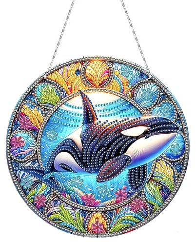 CXINLky DIY Diamond Painting Anhänger mit Kette, Diamant Painting Fensterbilder, 5D Diamond Malerei Türkranz Wandbehang Kits für Fenster Wand Eingang Garten Decor-16-Orca
