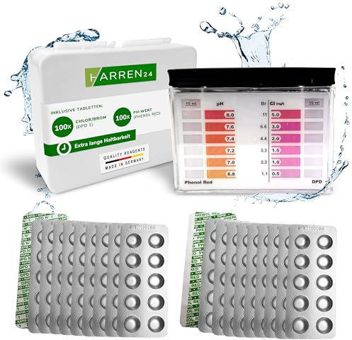 harren24 Pool Tester pH und Chlor inkl. 200 Pool Testtabletten Chlor und pH-Wert (100 Phenol Red Tabletten + 100 DPD1 Tabletten), Pool Wassertester, Pooltester, PH Tester, Pool Zubehör (200)