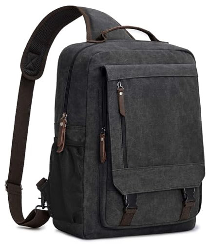 S-ZONE 13-16 Inch Canvas Laptop Backpack for Men Large Causal Daypack Crossbody Sling Chest Bag Water Resistant