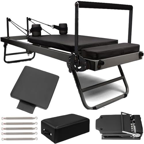 Pilates Reformers Maschine Set mit Sprungbrett - Faltbarer Reformer für Heimtraining, Trainingsgeräte mit quadratischer Box, 5 extra Federn - Edelstahl