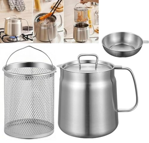 2-in-1 304 Stainless Steel Multifunctional Oil Strainer Pot, 1.5L/2L Oil Filter Pot, Bacon Grease Container with Strainer, Large Capacity Cooking Oil Container, Frying net Tank for Kitchen (2L)